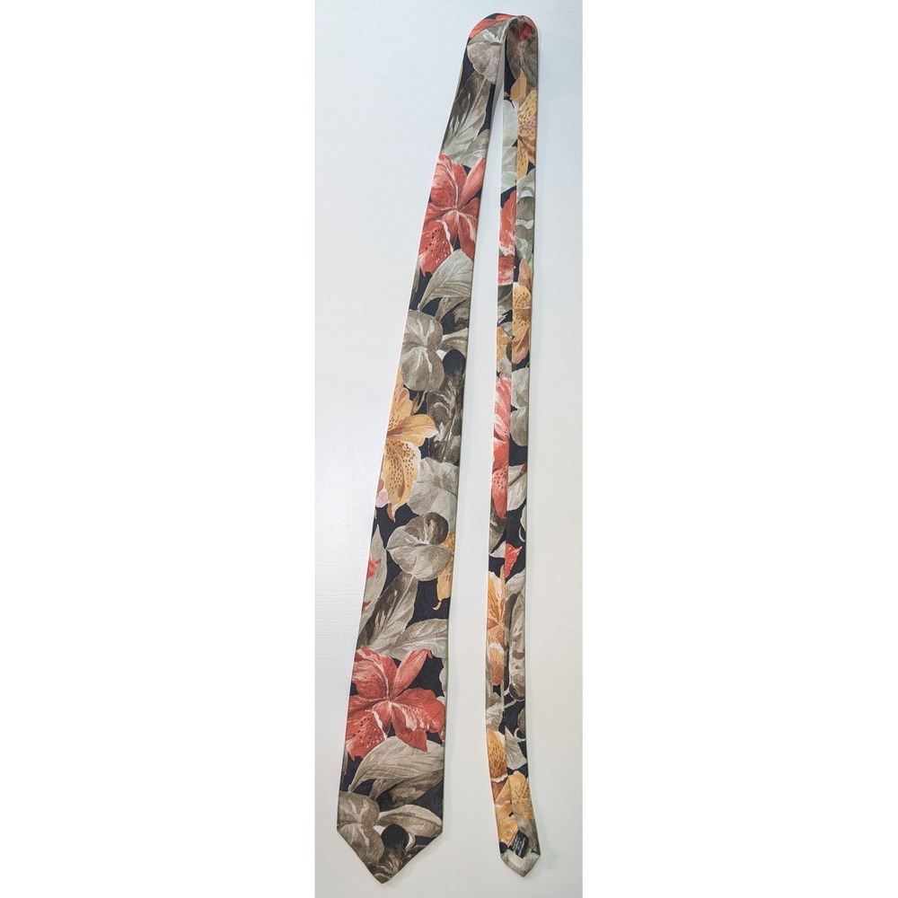Ketch Mens Floral Silk Tie Navy Blue Terracotta Sage Green Botanical Print